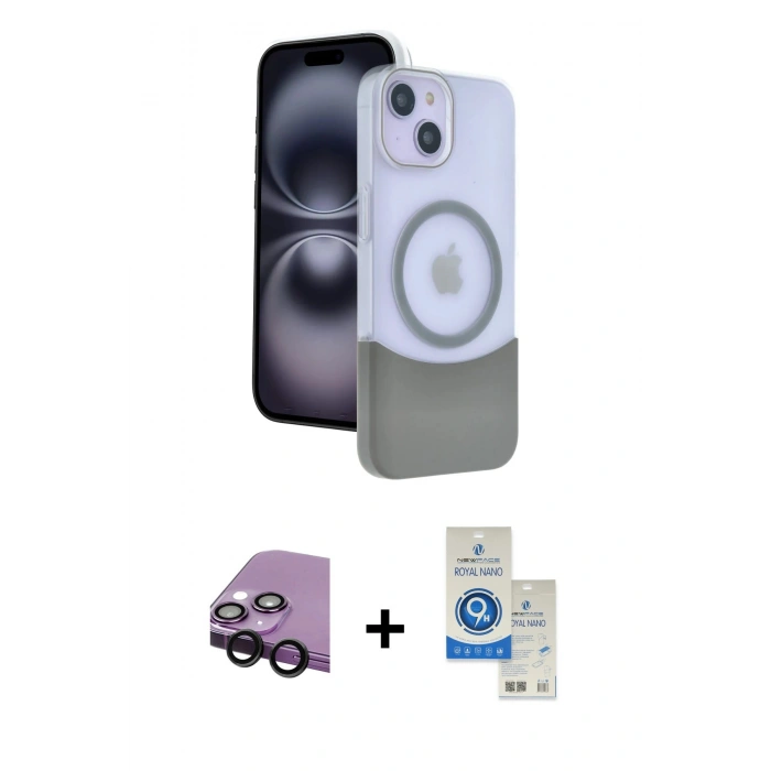 MARSİLYAN™- iPhone 14 Kılıf Kozmos Form Özel Seri - Şeffaf Royal Nano Ekran Koruyucu + Raze Metal Kamera Lens - SH