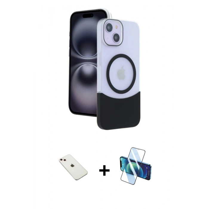 MARSİLYAN™- iPhone 14 Kılıf Kozmos Form Özel Seri - Siyah 3D Antistatik Cam Ekran Koruyucu + Diamond Kamera Lens - PE