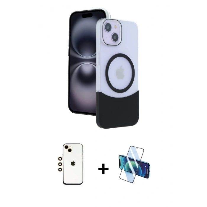 MARSİLYAN™- iPhone 14 Kılıf Kozmos Form Özel Seri - Siyah 3D Antistatik Cam Ekran Koruyucu + Shine Kamera Lens - GD