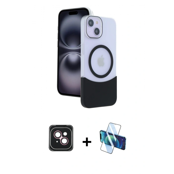 MARSİLYAN™- iPhone 14 Kılıf Kozmos Form Özel Seri - Siyah 3D Antistatik Cam Ekran Koruyucu + PVD Metal Kamera Lens - PE