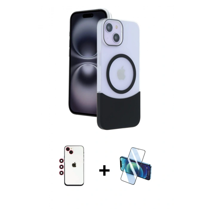 MARSİLYAN™- iPhone 14 Kılıf Kozmos Form Özel Seri - Siyah 3D Antistatik Cam Ekran Koruyucu + Shine Kamera Lens - KI