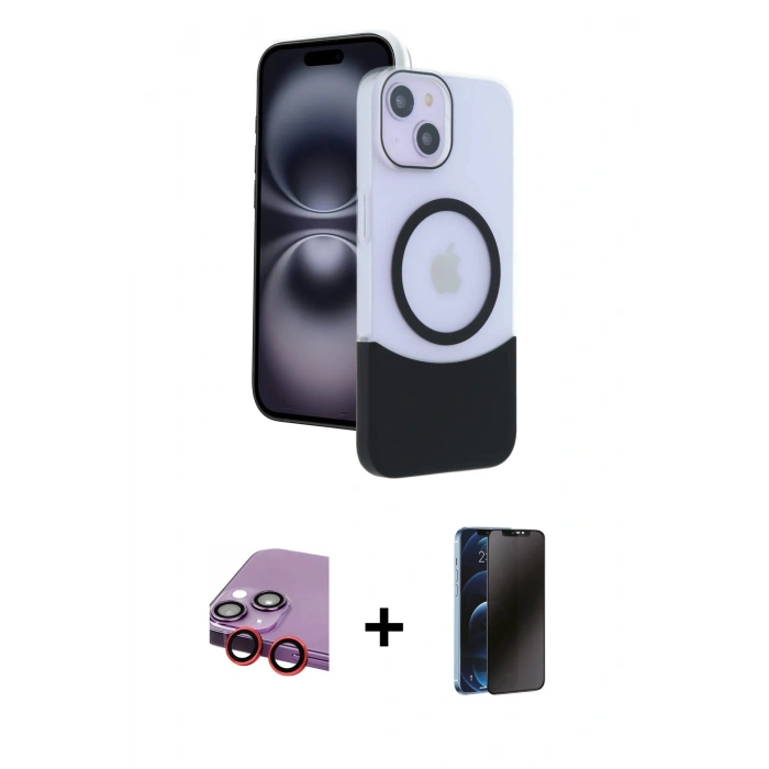 MARSİLYAN™- iPhone 14 Kılıf Kozmos Form Özel Seri - Siyah 3D Antistatik Hayalet Cam Ekran Koruyucu + Raze Metal Kamera Lens - KI