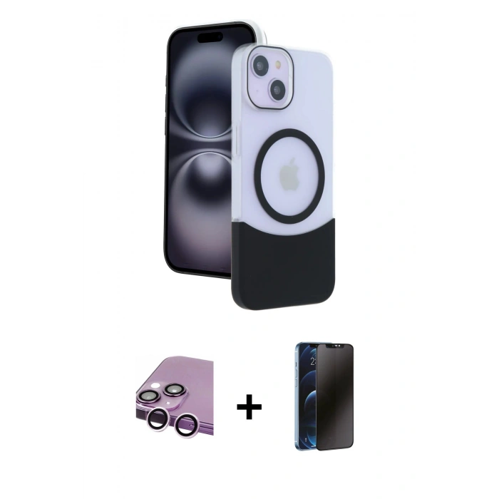 MARSİLYAN™- iPhone 14 Kılıf Kozmos Form Özel Seri - Siyah 3D Antistatik Hayalet Cam Ekran Koruyucu + Raze Metal Kamera Lens - MR