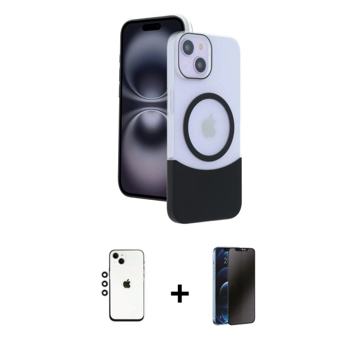 MARSİLYAN™- iPhone 14 Kılıf Kozmos Form Özel Seri - Siyah 3D Antistatik Hayalet Cam Ekran Koruyucu + Shine Kamera Lens - GS