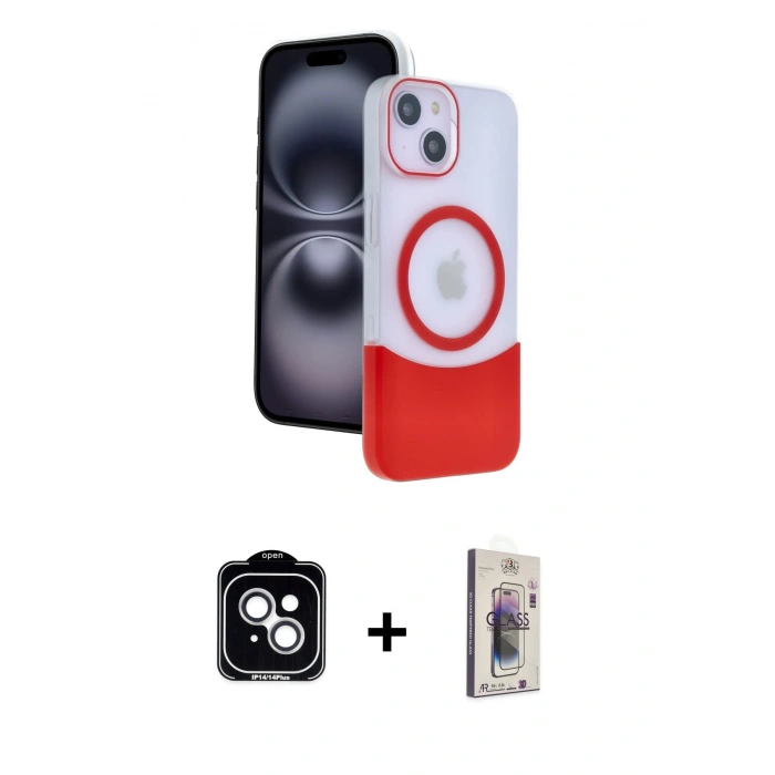 MARSİLYAN™- iPhone 14 Kılıf Kozmos Form Özel Seri - Siyah Bilvis 3D Cam Ekran Koruyucu + PVD Metal Kamera Lens - GS
