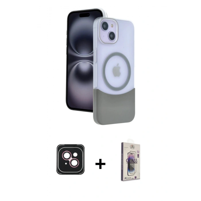 MARSİLYAN™- iPhone 14 Kılıf Kozmos Form Özel Seri - Siyah Bilvis 3D Cam Ekran Koruyucu + PVD Metal Kamera Lens - PE