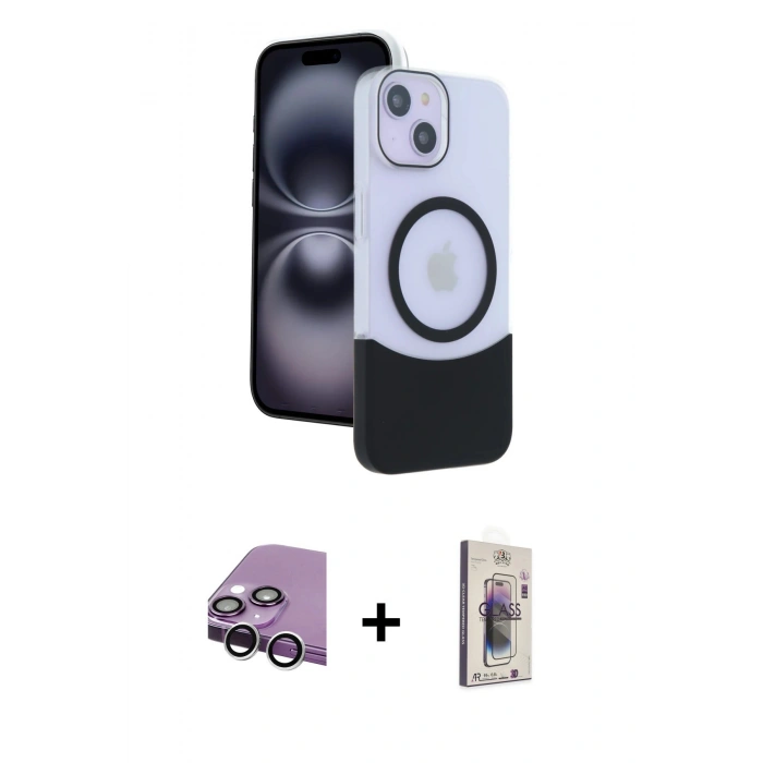 MARSİLYAN™- iPhone 14 Kılıf Kozmos Form Özel Seri - Siyah Bilvis 3D Cam Ekran Koruyucu + Raze Metal Kamera Lens - GS