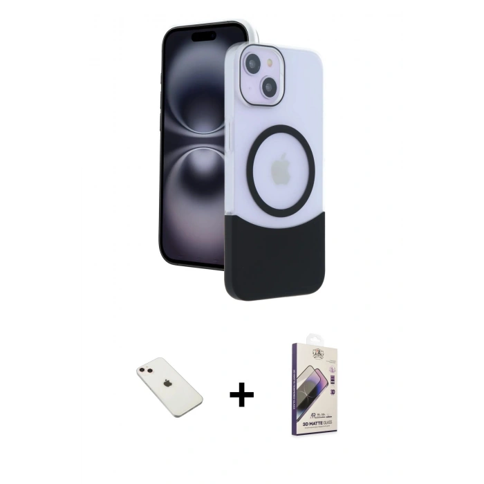 MARSİLYAN™- iPhone 14 Kılıf Kozmos Form Özel Seri - Siyah Bilvis 3D Mat Cam Ekran Koruyucu + Diamond Kamera Lens - PE