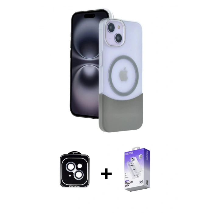 MARSİLYAN™- iPhone 14 Kılıf Kozmos Form Özel Seri - Siyah Bilvis 5in1 3D Magic Cam Ekran Koruyucu + PVD Metal Kamera Lens - MI