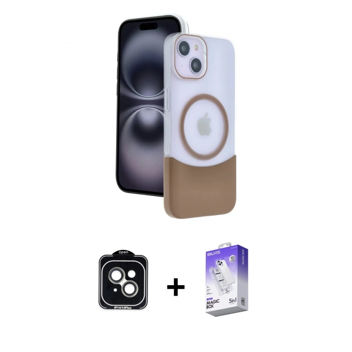 MARSİLYAN™- iPhone 14 Kılıf Kozmos Form Özel Seri - Siyah Bilvis 5in1 3D Magic Cam Ekran Koruyucu + Yeşil PVD Metal Kamera Lens