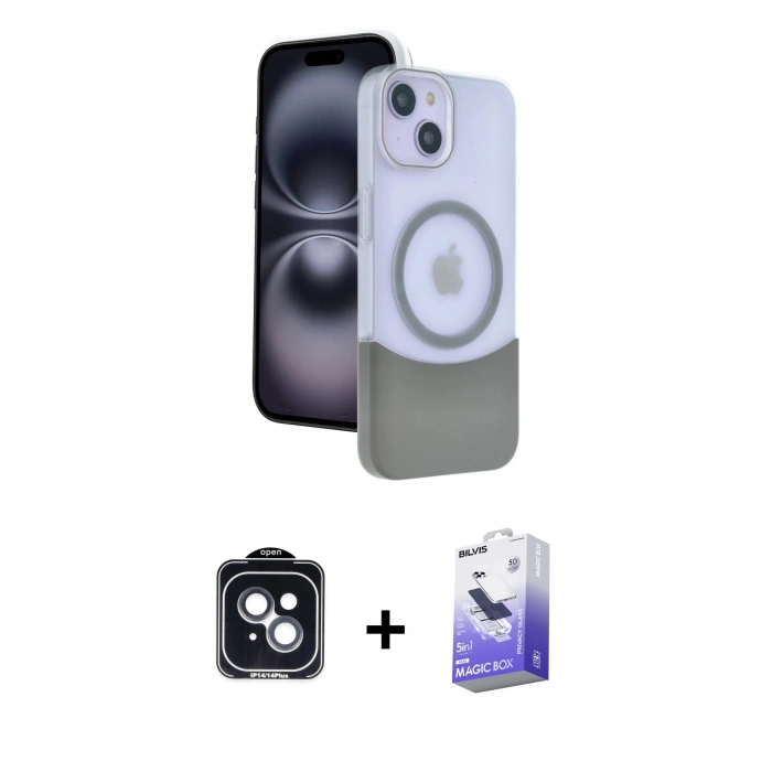 MARSİLYAN™- iPhone 14 Kılıf Kozmos Form Özel Seri - Siyah Bilvis 5in1 5D Magic Hayalet Cam Ekran Koruyucu + PVD Metal Kamera Lens - SH