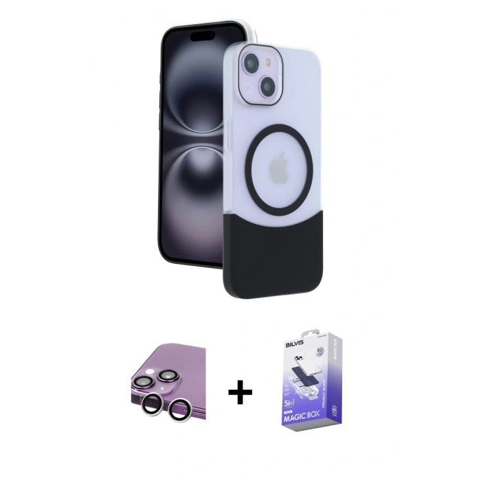MARSİLYAN™- iPhone 14 Kılıf Kozmos Form Özel Seri - Siyah Bilvis 5in1 5D Magic Hayalet Cam Ekran Koruyucu + Raze Metal Kamera Lens - GS