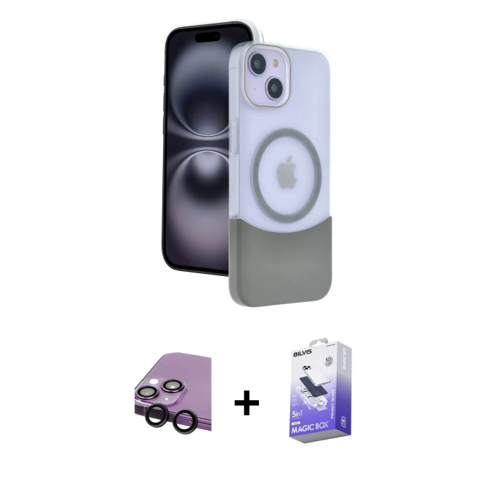 MARSİLYAN™- iPhone 14 Kılıf Kozmos Form Özel Seri - Siyah Bilvis 5in1 5D Magic Hayalet Cam Ekran Koruyucu + Raze Metal Kamera Lens - SH