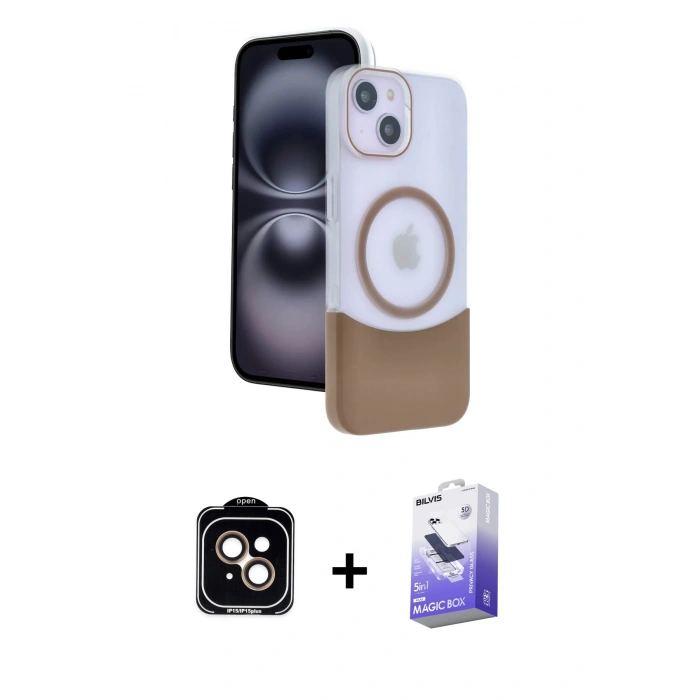 MARSİLYAN™- iPhone 14 Kılıf Kozmos Form Özel Seri - Siyah Bilvis 5in1 5D Magic Hayalet Cam Ekran Koruyucu + Turuncu PVD Metal Kamera Lens