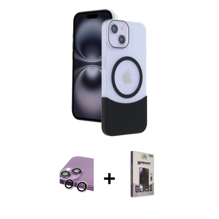 MARSİLYAN™- iPhone 14 Kılıf Kozmos Form Özel Seri - Siyah Bilvis Hayalet Cam Ekran Koruyucu + Raze Metal Kamera Lens - GS