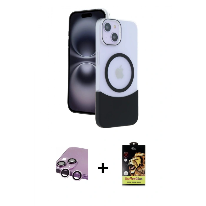 MARSİLYAN™- iPhone 14 Kılıf Kozmos Form Özel Seri - Siyah Buffer Cam Ekran Koruyucu + Raze Metal Kamera Lens - MR