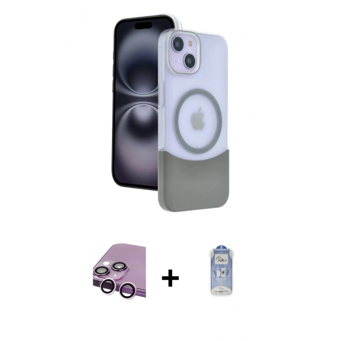 MARSİLYAN™- iPhone 14 Kılıf Kozmos Form Özel Seri - Siyah Joko Magic 5D Cam + Mor Raze Metal Kamera Lens