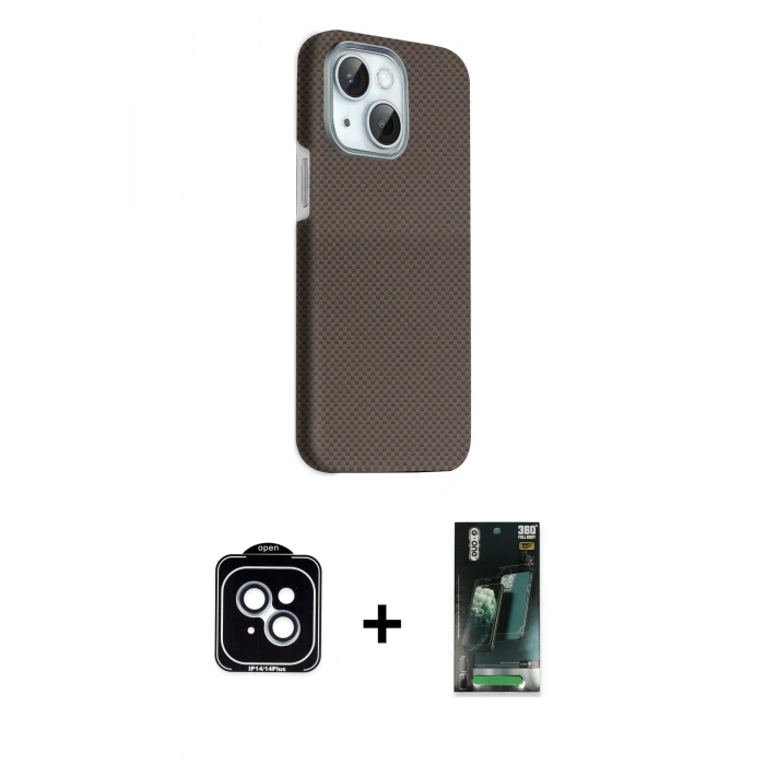 MARSİLYAN™- iPhone 14 Kılıf Kozmos Klasik Prime - Şeffaf 360 Full Body Arka Koruyucu + PVD Metal Kamera Lens - MI
