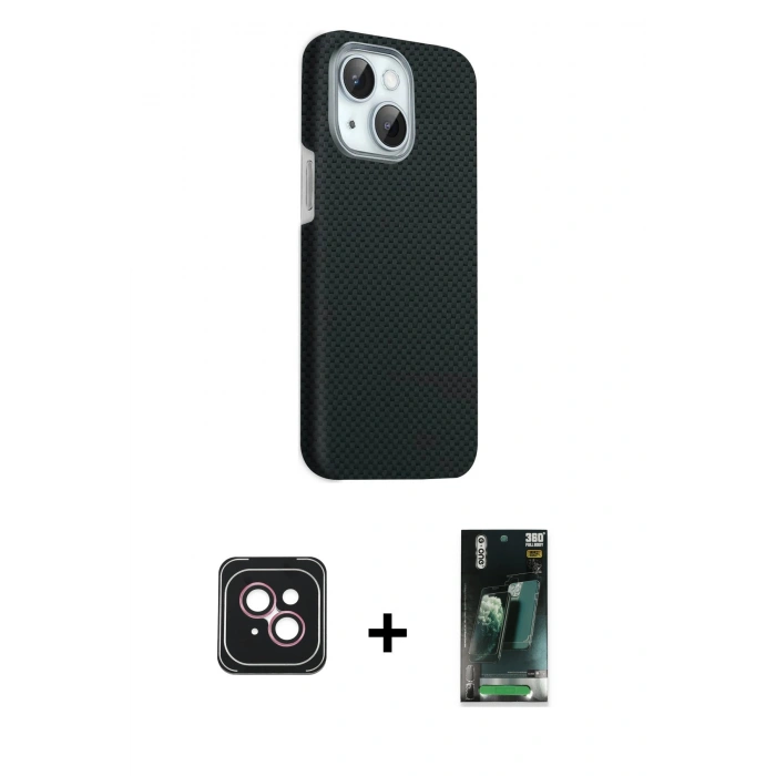 MARSİLYAN™- iPhone 14 Kılıf Kozmos Klasik Prime - Şeffaf 360 Full Body Arka Koruyucu + PVD Metal Kamera Lens - PE