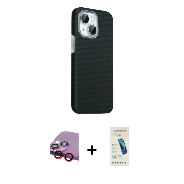 MARSİLYAN™- iPhone 14 Kılıf Kozmos Klasik Prime - Şeffaf Pasifik Cam Ekran Koruyucu + Raze Metal Kamera Lens - KI