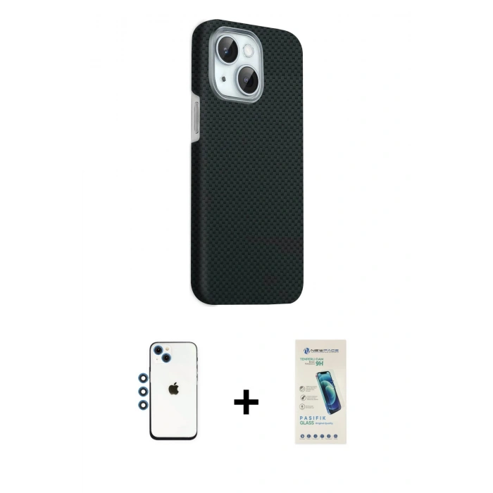 MARSİLYAN™- iPhone 14 Kılıf Kozmos Klasik Prime - Şeffaf Pasifik Cam Ekran Koruyucu + Shine Kamera Lens - MI