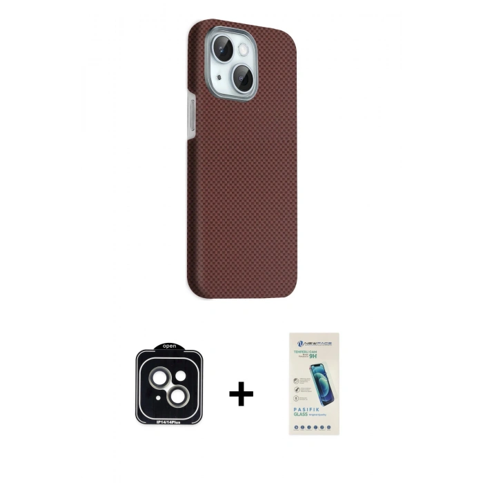 MARSİLYAN™- iPhone 14 Kılıf Kozmos Klasik Prime - Şeffaf Pasifik Cam Ekran Koruyucu + PVD Metal Kamera Lens - YL