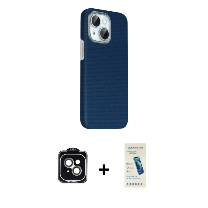 MARSİLYAN™- iPhone 14 Kılıf Kozmos Klasik Prime - Şeffaf Pasifik Cam Ekran Koruyucu + PVD Metal Kamera Lens - YL