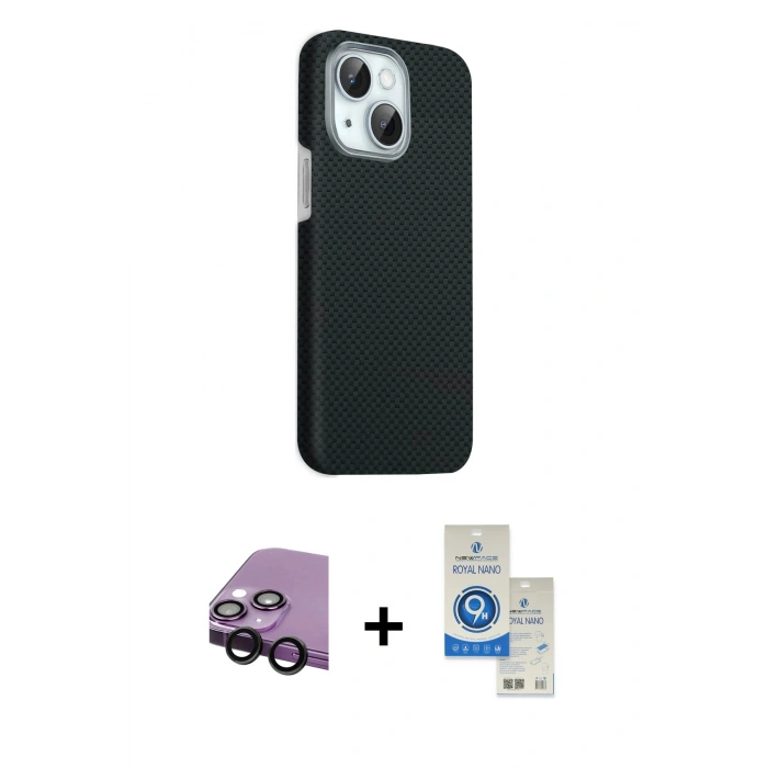MARSİLYAN™- iPhone 14 Kılıf Kozmos Klasik Prime - Şeffaf Royal Nano Ekran Koruyucu + Raze Metal Kamera Lens - SH