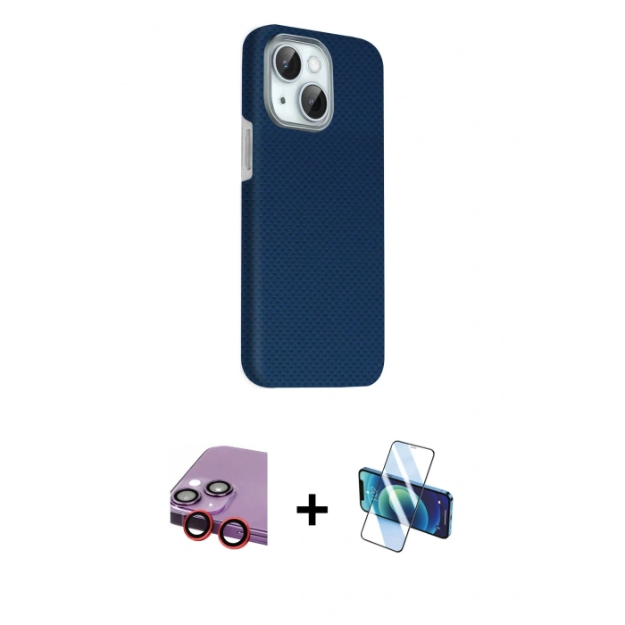MARSİLYAN™- iPhone 14 Kılıf Kozmos Klasik Prime - Siyah 3D Antistatik Cam Ekran Koruyucu + Kırmızı Raze Metal Kamera Lens