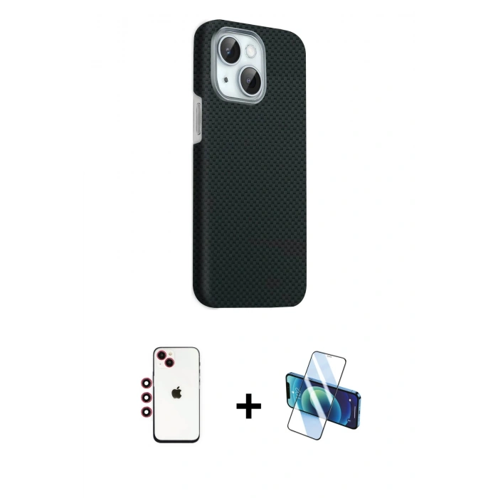MARSİLYAN™- iPhone 14 Kılıf Kozmos Klasik Prime - Siyah 3D Antistatik Cam Ekran Koruyucu + Shine Kamera Lens - KI