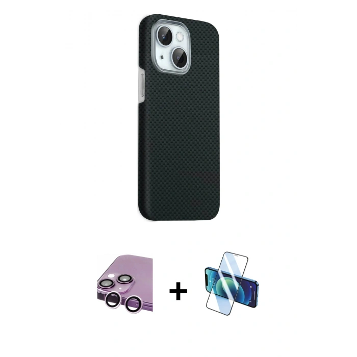 MARSİLYAN™- iPhone 14 Kılıf Kozmos Klasik Prime - Siyah 3D Antistatik Cam Ekran Koruyucu + Raze Metal Kamera Lens - MR