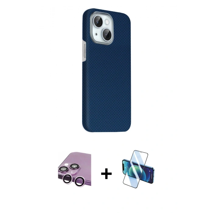 MARSİLYAN™- iPhone 14 Kılıf Kozmos Klasik Prime - Siyah 3D Antistatik Cam Ekran Koruyucu + Raze Metal Kamera Lens - MR