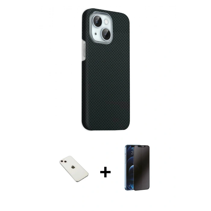 MARSİLYAN™- iPhone 14 Kılıf Kozmos Klasik Prime - Siyah 3D Antistatik Hayalet Cam Ekran Koruyucu + Diamond Kamera Lens - PE