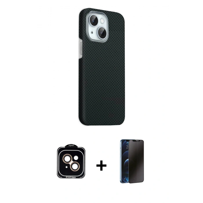 MARSİLYAN™- iPhone 14 Kılıf Kozmos Klasik Prime - Siyah 3D Antistatik Hayalet Cam Ekran Koruyucu + PVD Metal Kamera Lens - TU
