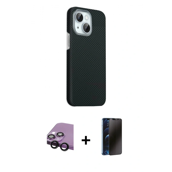 MARSİLYAN™- iPhone 14 Kılıf Kozmos Klasik Prime - Siyah 3D Antistatik Hayalet Cam Ekran Koruyucu + Raze Metal Kamera Lens - SH