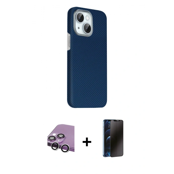 MARSİLYAN™- iPhone 14 Kılıf Kozmos Klasik Prime - Siyah 3D Antistatik Hayalet Cam Ekran Koruyucu + Raze Metal Kamera Lens - GS