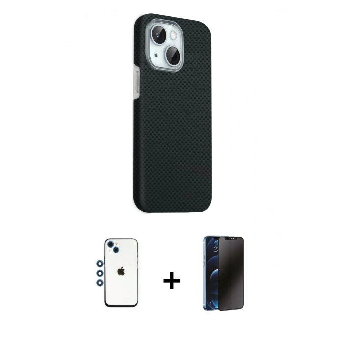 MARSİLYAN™- iPhone 14 Kılıf Kozmos Klasik Prime - Siyah 3D Antistatik Hayalet Cam Ekran Koruyucu + Shine Kamera Lens - MI