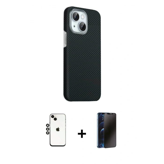 MARSİLYAN™- iPhone 14 Kılıf Kozmos Klasik Prime - Siyah 3D Antistatik Hayalet Cam Ekran Koruyucu + Shine Kamera Lens - SH