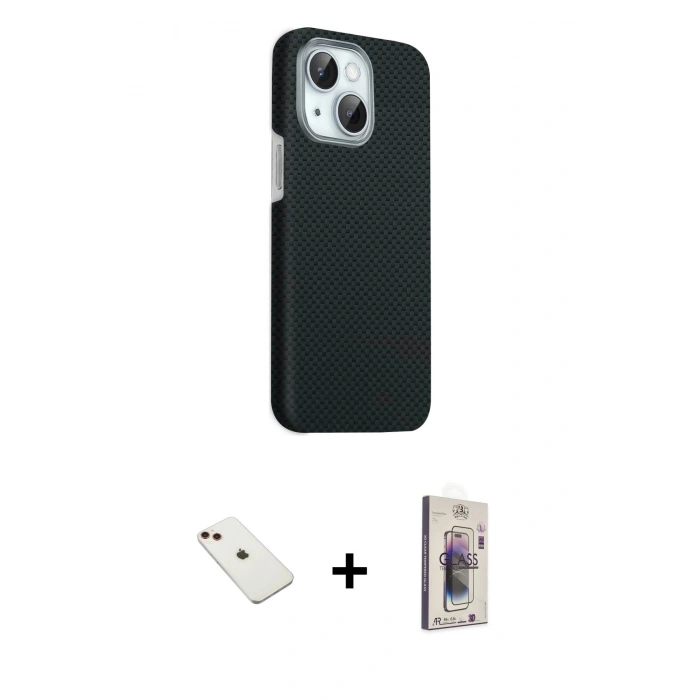 MARSİLYAN™- iPhone 14 Kılıf Kozmos Klasik Prime - Siyah Bilvis 3D Cam Ekran Koruyucu + Diamond Kamera Lens - KI
