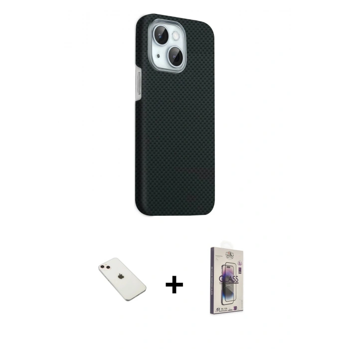 MARSİLYAN™- iPhone 14 Kılıf Kozmos Klasik Prime - Siyah Bilvis 3D Cam Ekran Koruyucu + Diamond Kamera Lens - PE