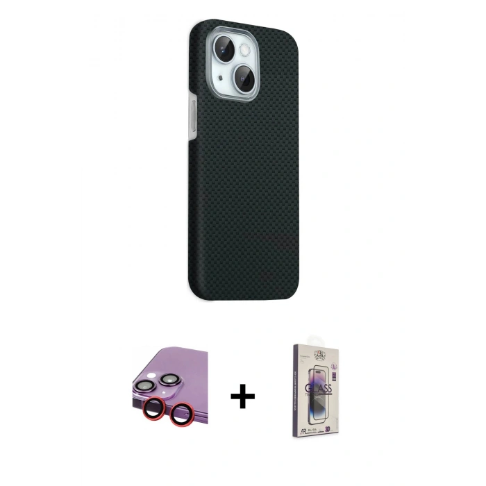 MARSİLYAN™- iPhone 14 Kılıf Kozmos Klasik Prime - Siyah Bilvis 3D Cam Ekran Koruyucu + Raze Metal Kamera Lens - KI