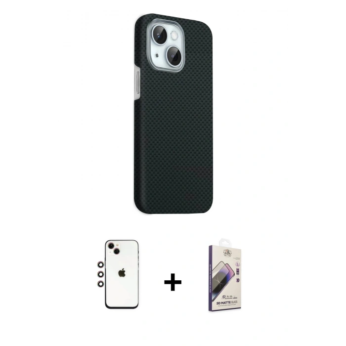 MARSİLYAN™- iPhone 14 Kılıf Kozmos Klasik Prime - Siyah Bilvis 3D Mat Cam Ekran Koruyucu + Shine Kamera Lens - GI
