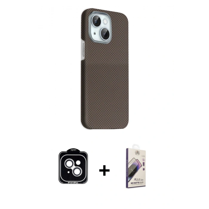 MARSİLYAN™- iPhone 14 Kılıf Kozmos Klasik Prime - Siyah Bilvis 3D Mat Cam Ekran Koruyucu + PVD Metal Kamera Lens - GS