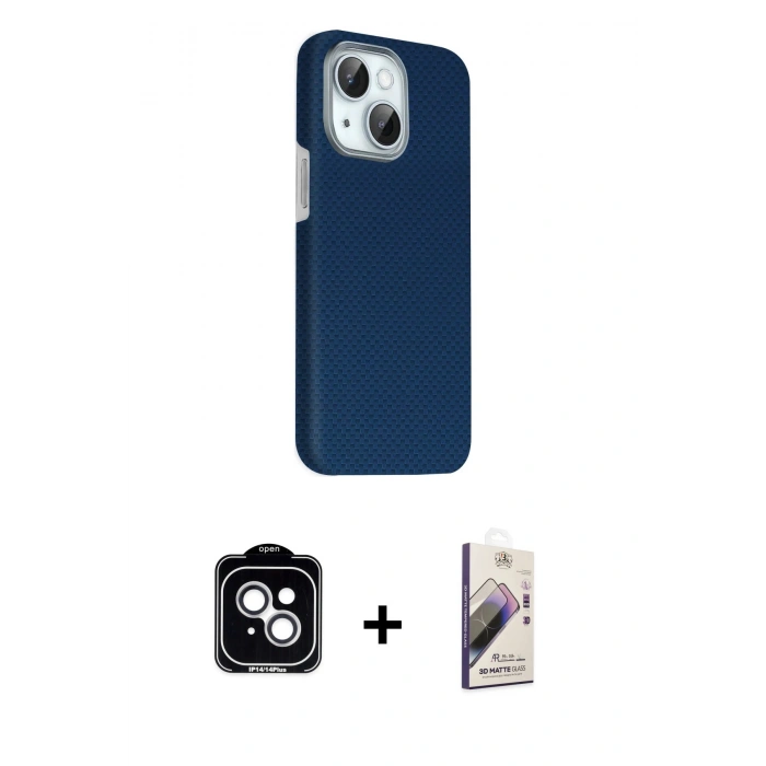 MARSİLYAN™- iPhone 14 Kılıf Kozmos Klasik Prime - Siyah Bilvis 3D Mat Cam Ekran Koruyucu + PVD Metal Kamera Lens - GS