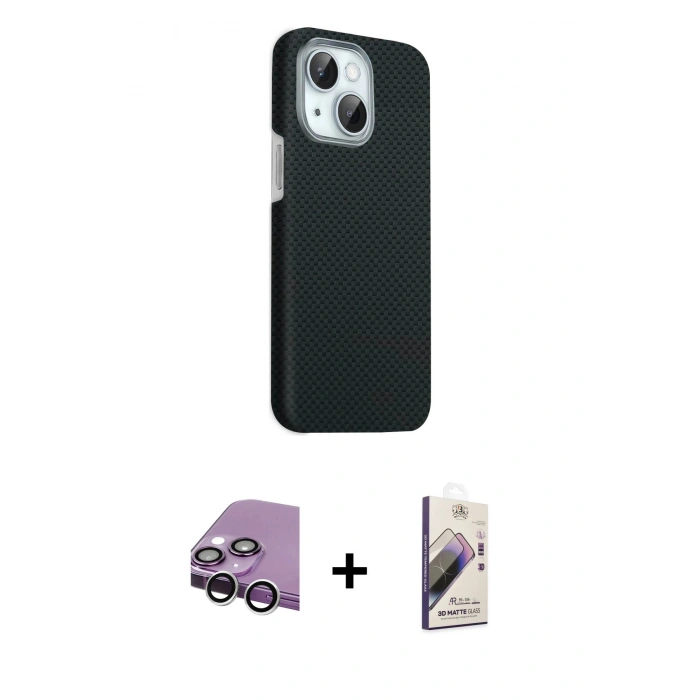MARSİLYAN™- iPhone 14 Kılıf Kozmos Klasik Prime - Siyah Bilvis 3D Mat Cam Ekran Koruyucu + Raze Metal Kamera Lens - GS
