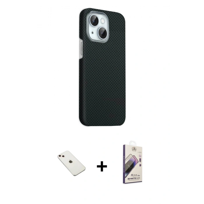 MARSİLYAN™- iPhone 14 Kılıf Kozmos Klasik Prime - Siyah Bilvis 3D Mat Cam Ekran Koruyucu + Diamond Kamera Lens - PE