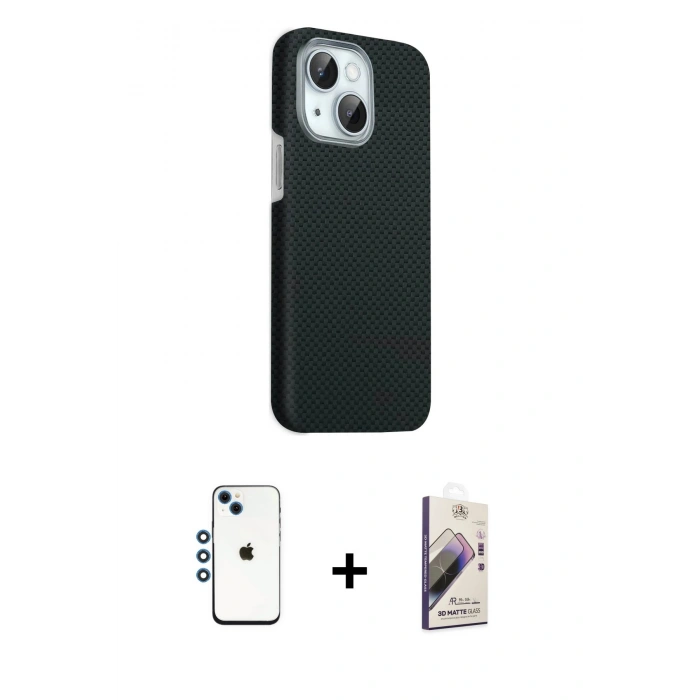 MARSİLYAN™- iPhone 14 Kılıf Kozmos Klasik Prime - Siyah Bilvis 3D Mat Cam Ekran Koruyucu + Shine Kamera Lens - MI