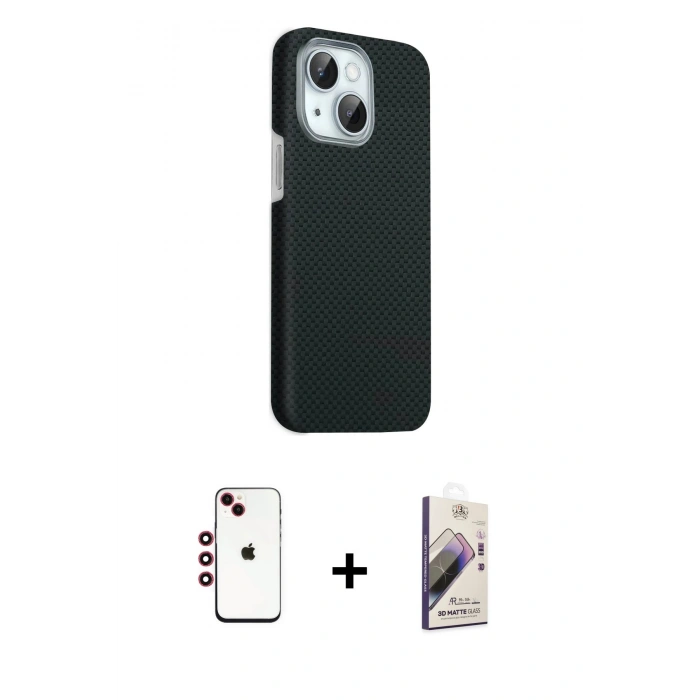 MARSİLYAN™- iPhone 14 Kılıf Kozmos Klasik Prime - Siyah Bilvis 3D Mat Cam Ekran Koruyucu + Shine Kamera Lens - KI