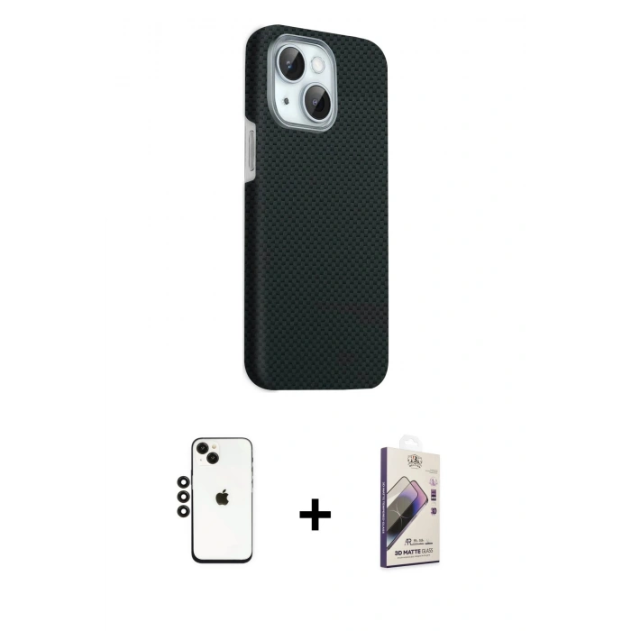 MARSİLYAN™- iPhone 14 Kılıf Kozmos Klasik Prime - Siyah Bilvis 3D Mat Cam Ekran Koruyucu + Shine Kamera Lens - SH