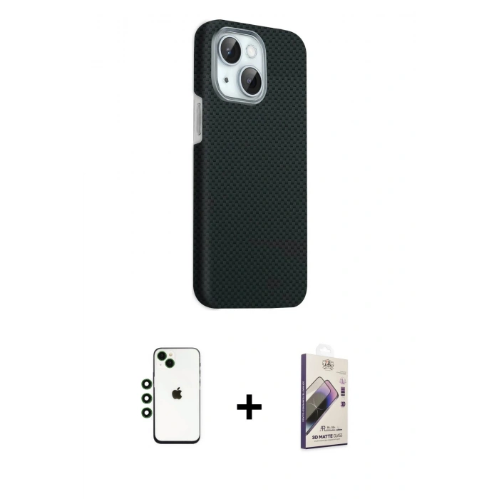 MARSİLYAN™- iPhone 14 Kılıf Kozmos Klasik Prime - Siyah Bilvis 3D Mat Cam Ekran Koruyucu + Shine Kamera Lens - YL